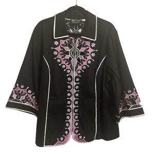 Bob Mackie Black Cut Out Embroidered Bob Mackie Wearable Art Jacket  1X Arsty